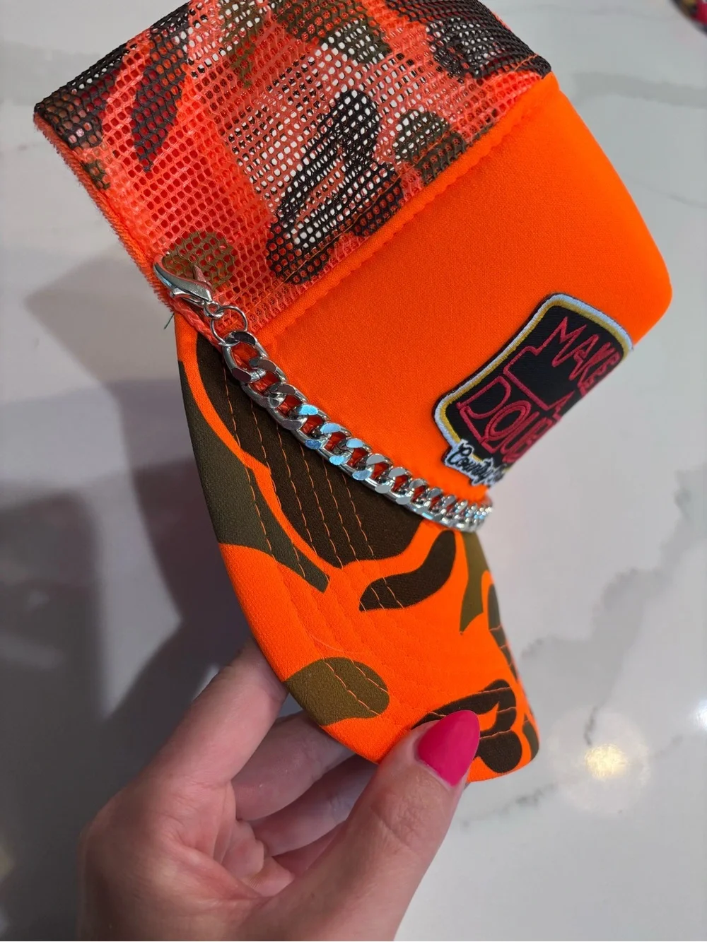 Make It A Double Orange Camo Trucker Hat with Chain